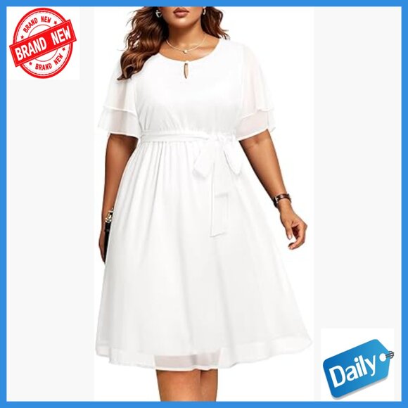Plus Size Chiffon Cocktail Dress Keyhole Neck Knee Length Wedding Guest